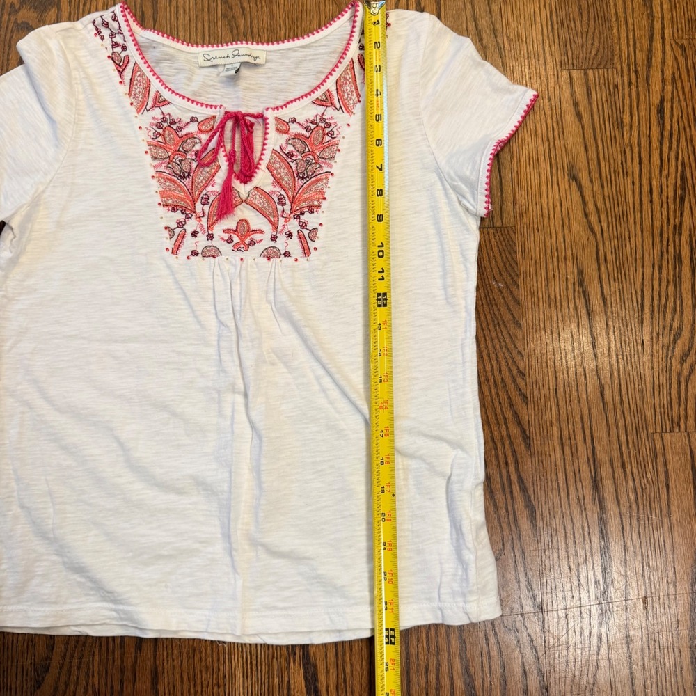 French Laundry Embroidered Boho Peasant Top Tassel Beaded White Pink Large - Picture 8 of 9